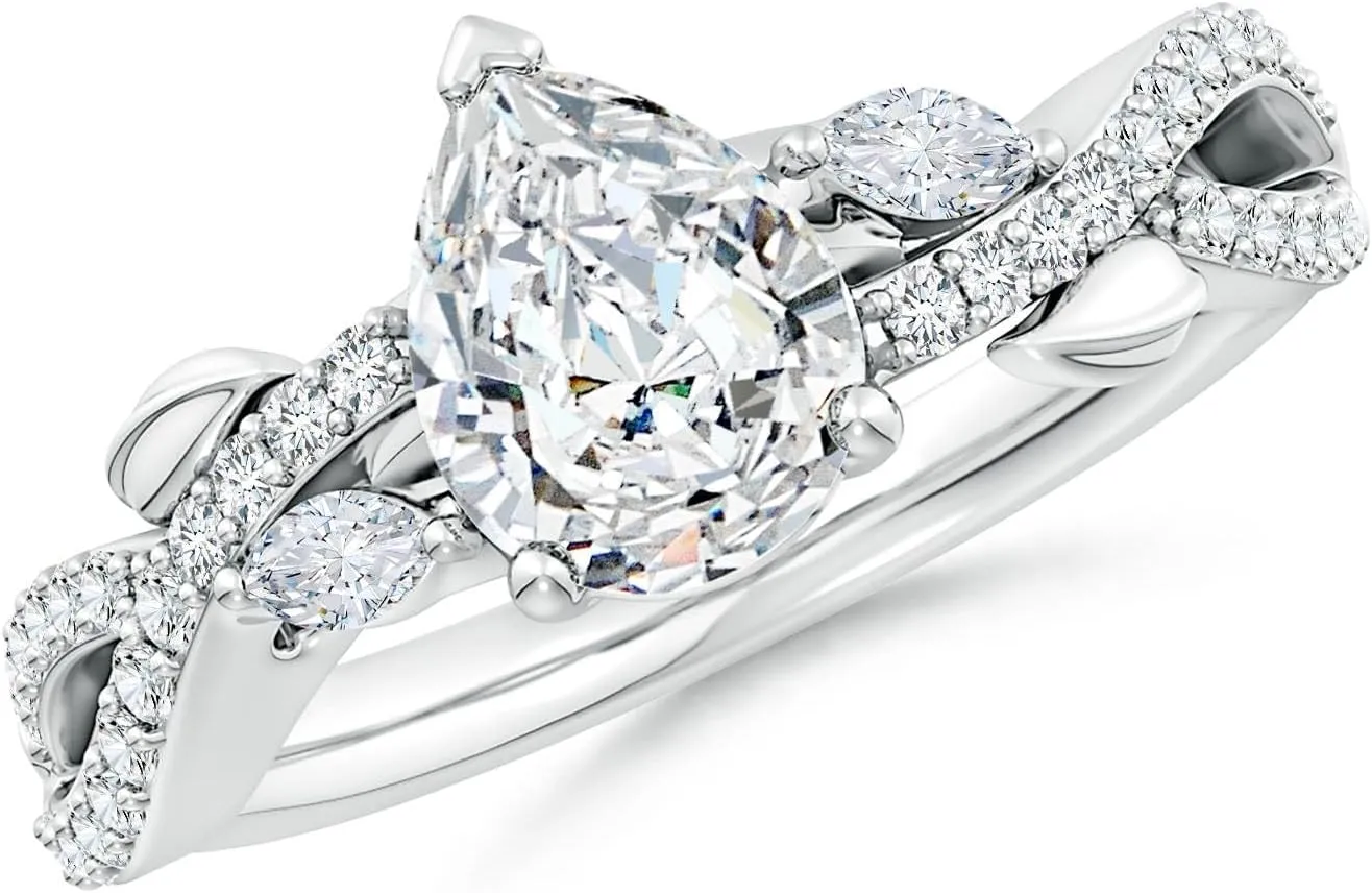 Angara Lab Grown Nature-Inspired Pear and Marquise Diamond Side Stone Engagement Ring in Silver / 14K Solid Gold/Platinum | April Birthstone, Birthday, Anniversary, Wedding Jewelry Gift for Women