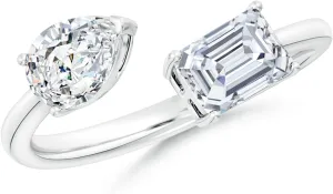 Angara Lab Grown Pear & Emerald-Cut Diamond Two-Stone Open Ring in Silver / 14K Solid Gold/Platinum | April Birthstone, Birthday, Engagement, Anniversary, Wedding Jewelry Gift for Women