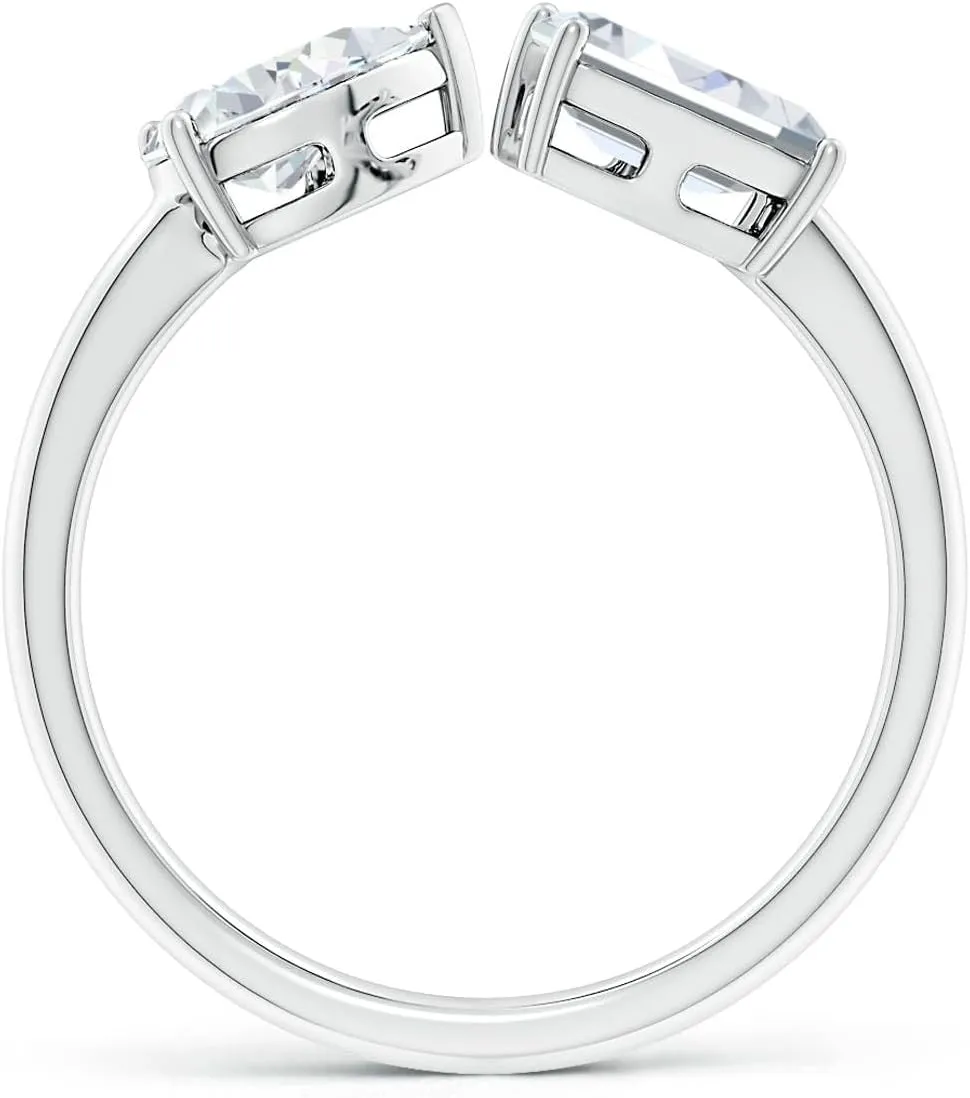 Angara Lab Grown Pear & Emerald-Cut Diamond Two-Stone Open Ring in Silver / 14K Solid Gold/Platinum | April Birthstone, Birthday, Engagement, Anniversary, Wedding Jewelry Gift for Women