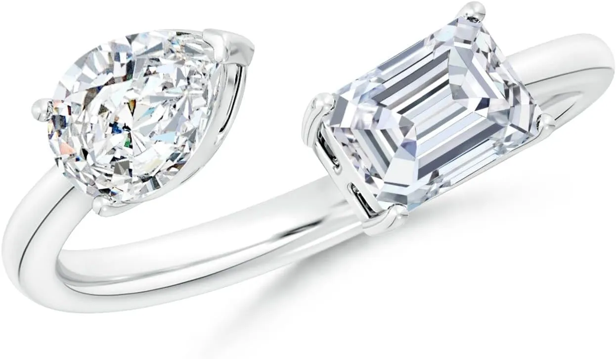 Angara Lab Grown Pear & Emerald-Cut Diamond Two-Stone Open Ring in Silver / 14K Solid Gold/Platinum | April Birthstone, Birthday, Engagement, Anniversary, Wedding Jewelry Gift for Women