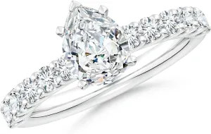 Angara Lab Grown Pear Diamond Solitaire Engagement Ring with Diamond Accents in Silver / 14K Solid Gold/Platinum | April Birthstone, Birthday, Anniversary, Wedding Jewelry Gift for Women