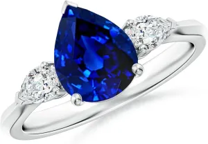 Angara Lab Grown Pear shape Blue Sapphire Three Stone Engagement Ring in 14K Solid Gold/Platinum | September Birthstone, Birthday, Anniversary, Wedding Jewelry Gift for Women