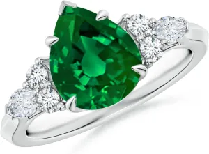 Angara Lab Grown Pear Shape Emerald Side Stone Engagement Ring with Diamonds in 14K Solid Gold/Platinum | May Birthstone, Birthday, Anniversary, Wedding Jewelry Gift for Women