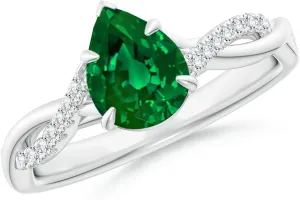 Angara Lab Grown Pear-Shaped Emerald Twisted Shank Engagement Ring in 14K Solid Gold/Platinum | May Birthstone, Birthday, Anniversary, Wedding Jewelry Gift for Women