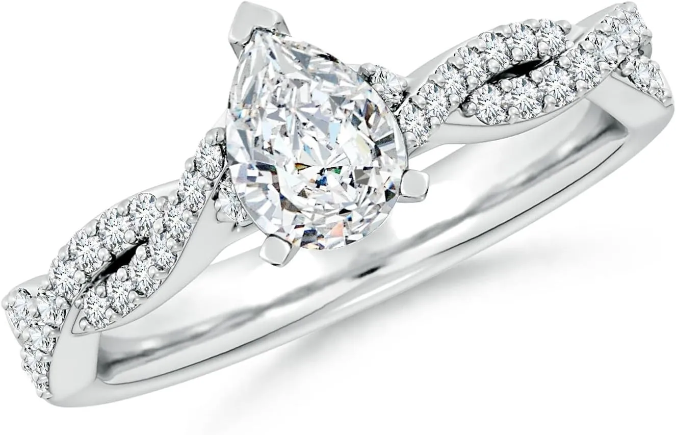 Angara Lab Grown Peg Head Pear Diamond Twist Shank Engagement Ring in Silver / 14K Solid Gold/Platinum | April Birthstone, Birthday, Anniversary, Wedding Jewelry Gift for Women