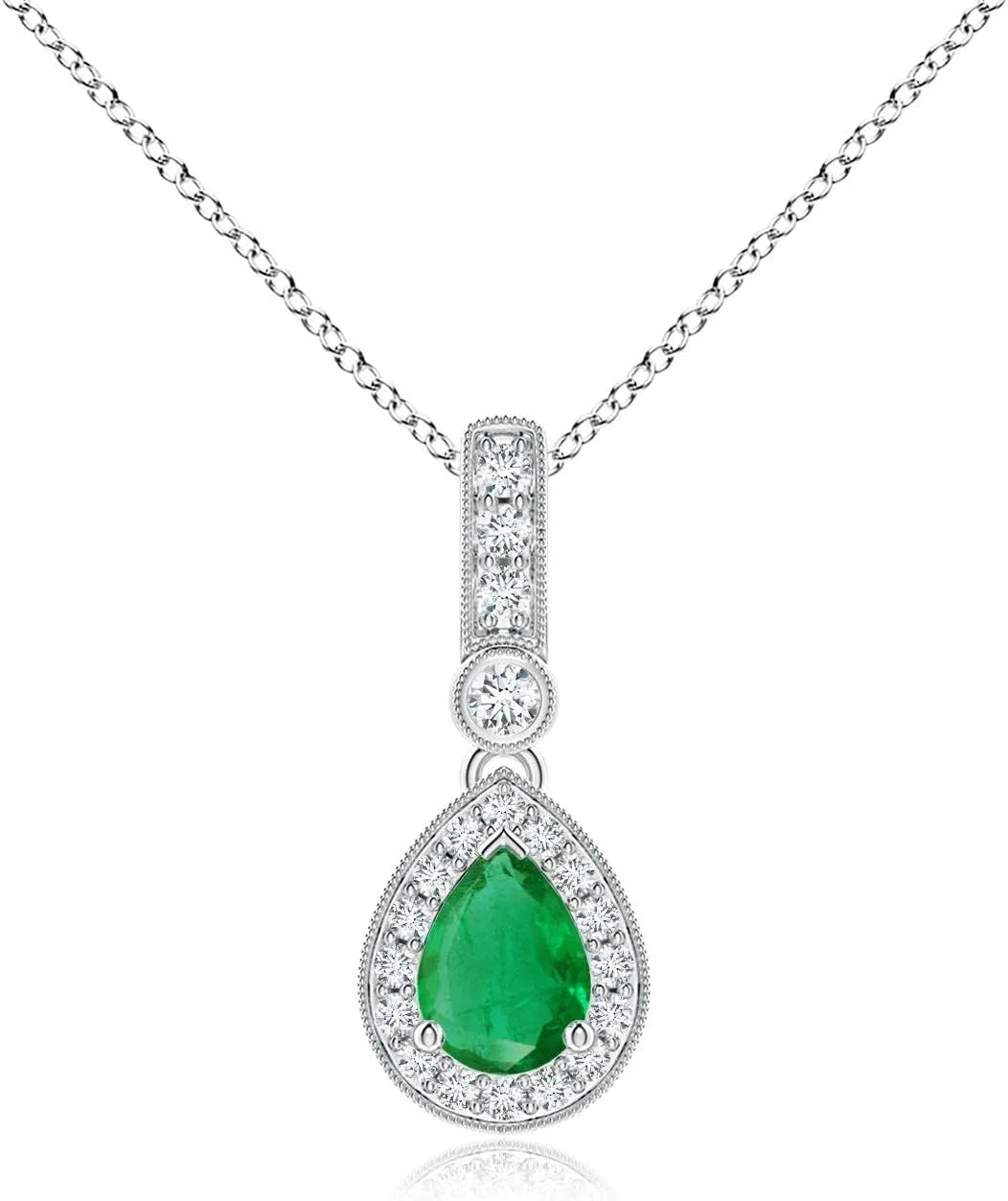 Angara Natural Pear-Shaped Emerald and pave Diamond Halo Pendant in 14K Solid Gold/Platinum | May Birthstone, Birthday, Engagement, Anniversary, Wedding Jewelry Gift for Women