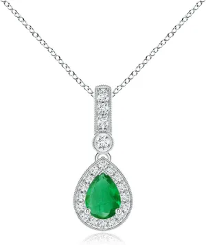 Angara Natural Pear-Shaped Emerald and pave Diamond Halo Pendant in 14K Solid Gold/Platinum | May Birthstone, Birthday, Engagement, Anniversary, Wedding Jewelry Gift for Women