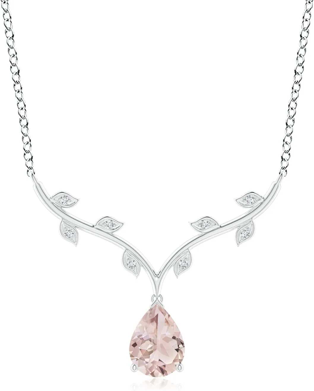 Angara Natural Pear-Shaped Morganite Necklace with Leaf Motifs in 14K Solid Gold/Platinum | Birthday, Engagement, Anniversary, Wedding Jewelry Gift for Women