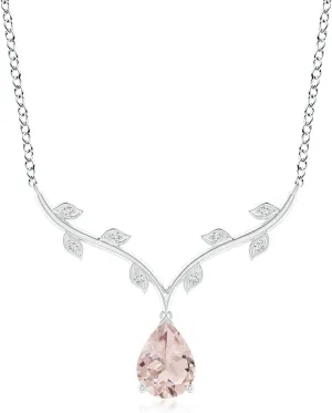 Angara Natural Pear-Shaped Morganite Necklace with Leaf Motifs in 14K Solid Gold/Platinum | Birthday, Engagement, Anniversary, Wedding Jewelry Gift for Women