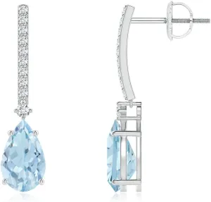 ANGARA Natural Solitaire Pear Aquamarine Drop Earrings with Diamonds in 14K Solid Gold/Platinum | March Birthstone, Birthday, Engagement, Anniversary, Wedding Jewelry Gift for Women