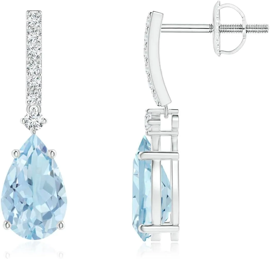 ANGARA Natural Solitaire Pear Aquamarine Drop Earrings with Diamonds in 14K Solid Gold/Platinum | March Birthstone, Birthday, Engagement, Anniversary, Wedding Jewelry Gift for Women