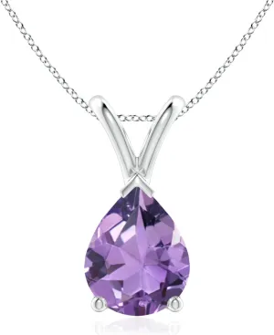 Angara Natural V-Bale Pear-Shaped Amethyst Solitaire Pendant in Silver / 14K Solid Gold/Platinum | February Birthstone, Birthday, Engagement, Anniversary, Wedding Jewelry Gift for Women