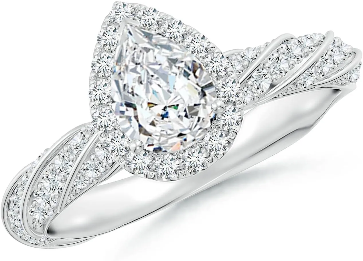 Angara Pear Lab Grown Diamond Halo Twisted Rope Shank Engagement Ring in 14K Solid Gold/Platinum | April Birthstone, Birthday, Anniversary, Wedding Jewelry Gift for Women