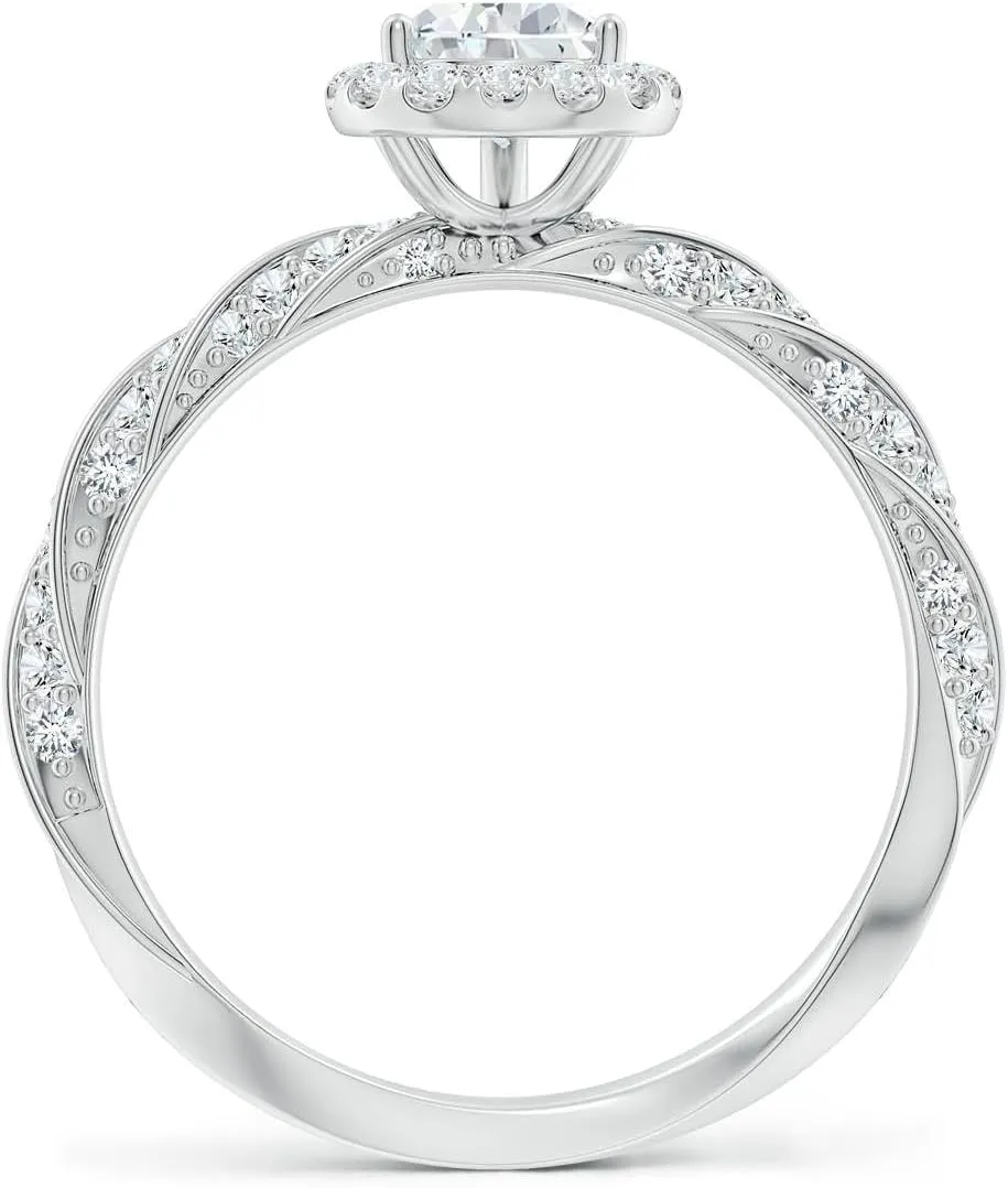 Angara Pear Lab Grown Diamond Halo Twisted Rope Shank Engagement Ring in 14K Solid Gold/Platinum | April Birthstone, Birthday, Anniversary, Wedding Jewelry Gift for Women