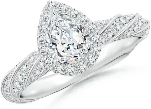 Angara Pear Lab Grown Diamond Halo Twisted Rope Shank Engagement Ring in 14K Solid Gold/Platinum | April Birthstone, Birthday, Anniversary, Wedding Jewelry Gift for Women