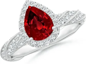 Angara Pear Lab Grown Ruby Halo Twisted Rope Shank Engagement Ring in 14K Solid Gold/Platinum | July Birthstone, Birthday, Anniversary, Wedding Jewelry Gift for Women