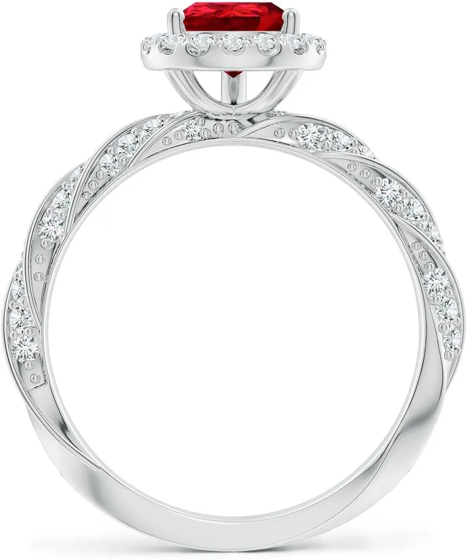 Angara Pear Lab Grown Ruby Halo Twisted Rope Shank Engagement Ring in 14K Solid Gold/Platinum | July Birthstone, Birthday, Anniversary, Wedding Jewelry Gift for Women