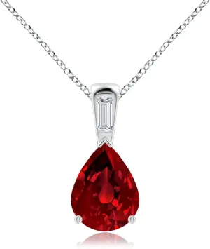 Angara Pear Lab Grown Ruby Pendant with Baguette Diamond in 14K Solid Gold/Platinum | July Birthstone, Birthday, Engagement, Anniversary, Wedding Jewelry Gift for Women