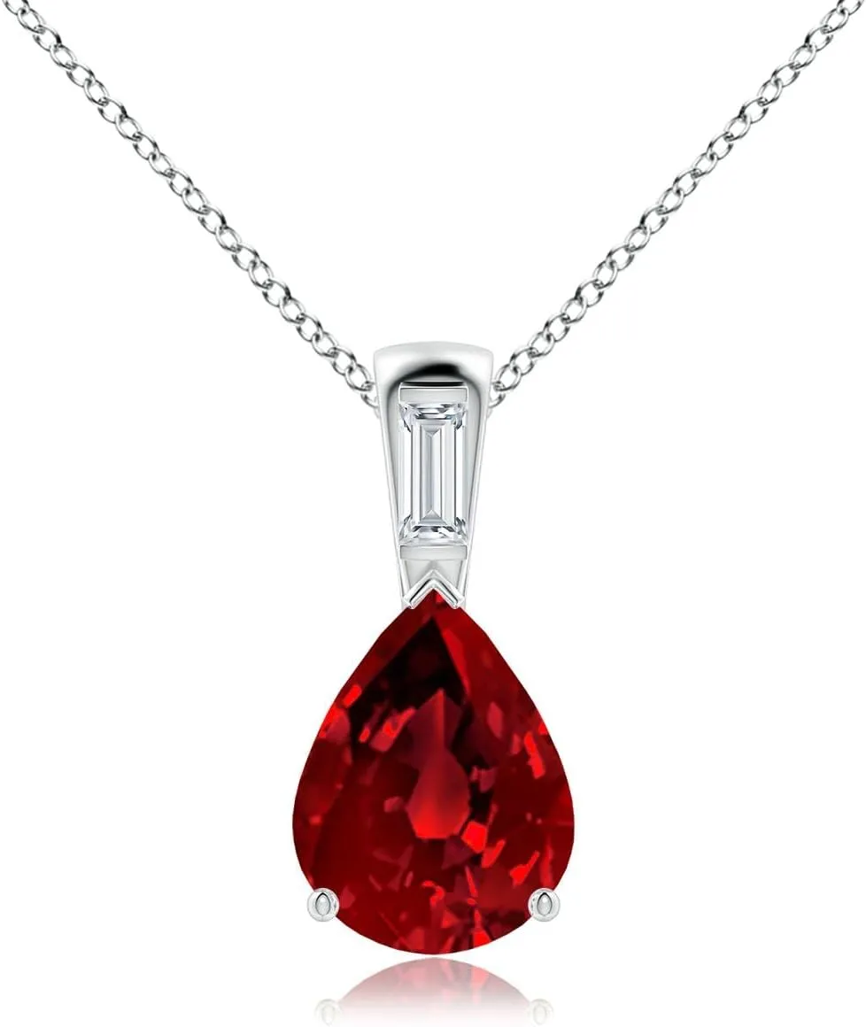 Angara Pear Lab Grown Ruby Pendant with Baguette Diamond in 14K Solid Gold/Platinum | July Birthstone, Birthday, Engagement, Anniversary, Wedding Jewelry Gift for Women
