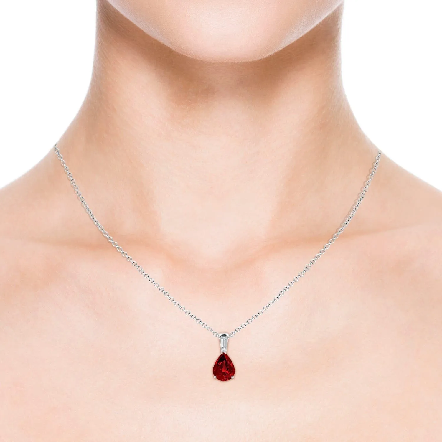 Angara Pear Lab Grown Ruby Pendant with Baguette Diamond in 14K Solid Gold/Platinum | July Birthstone, Birthday, Engagement, Anniversary, Wedding Jewelry Gift for Women
