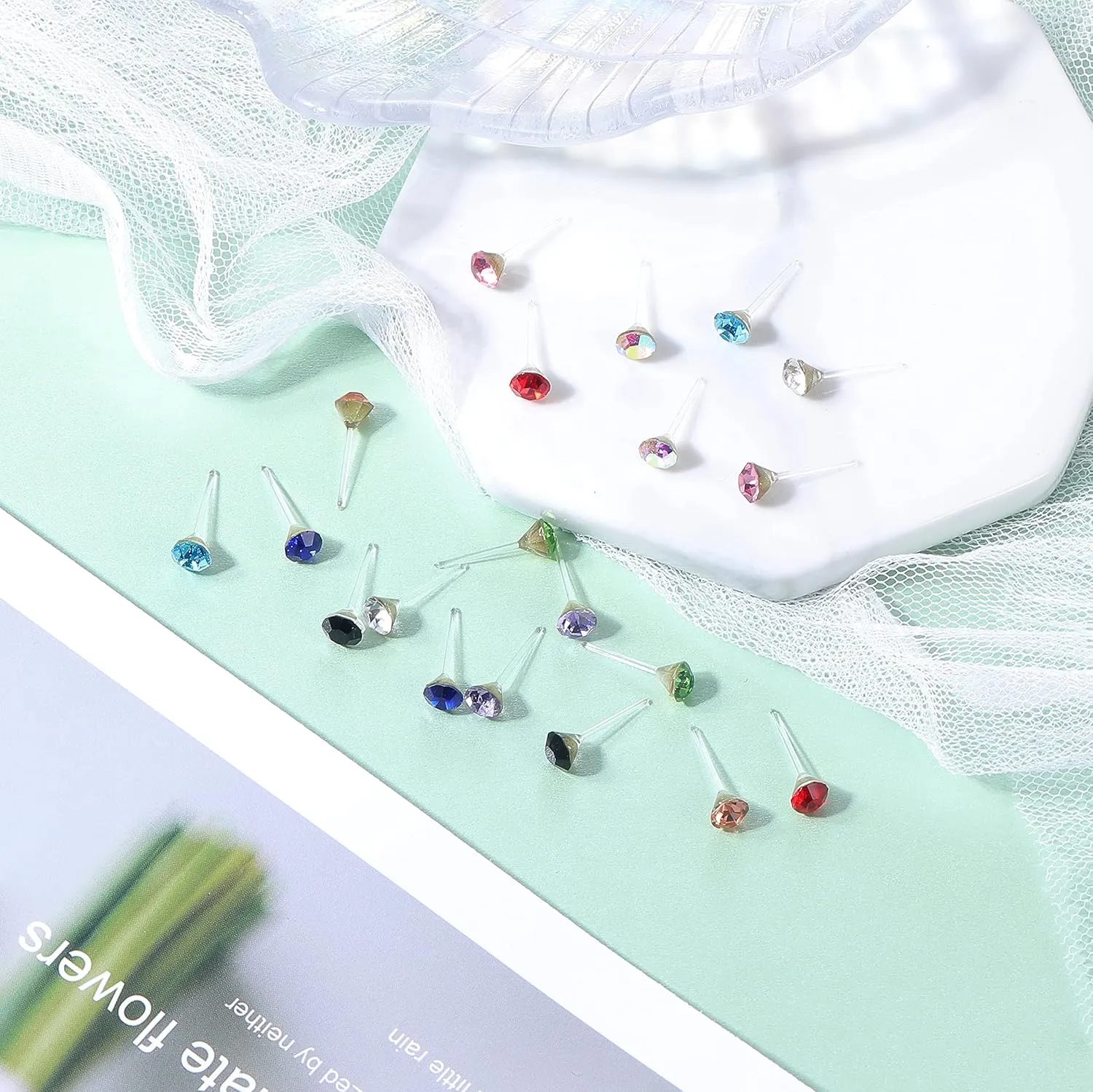 AoedeJ 40 Pcs Colorful Earrings Cubic Zirconia Earrings Studs Hypoallergenic With Plastic Post For Women Multipack