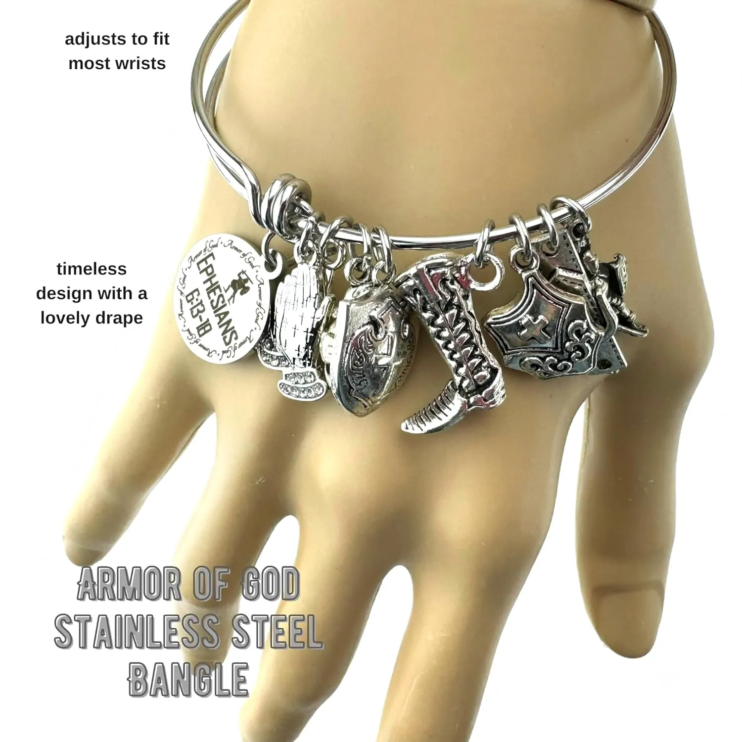 Armor of God Stainless Steel Adjustable Bangle Charm Bracelet Scripture Verse Christian Gift for Her (without Bible Book Bead)