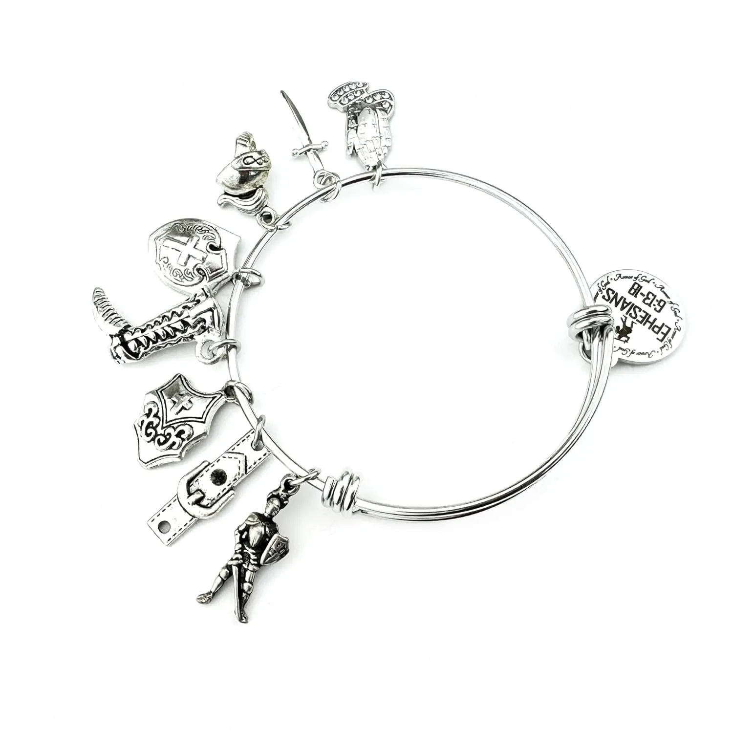 Armor of God Stainless Steel Adjustable Bangle Charm Bracelet Scripture Verse Christian Gift for Her (without Bible Book Bead)