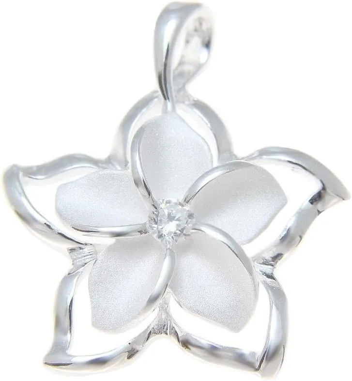 Arthur's Jewelry 925 sterling silver Hawaiian plumeria flower shiny open plumeria outline cz pendant