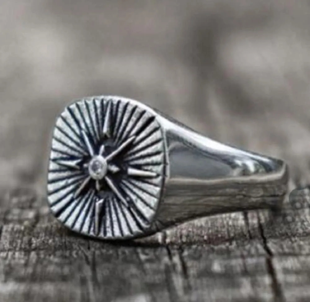 Awmnjtmgpw 925 Sterling Silver Polaris Logo Pirate Sailor Compass Fashion Ring Men's Domineering Ring Birthday Party Ring Size 7-11 (Size 10)