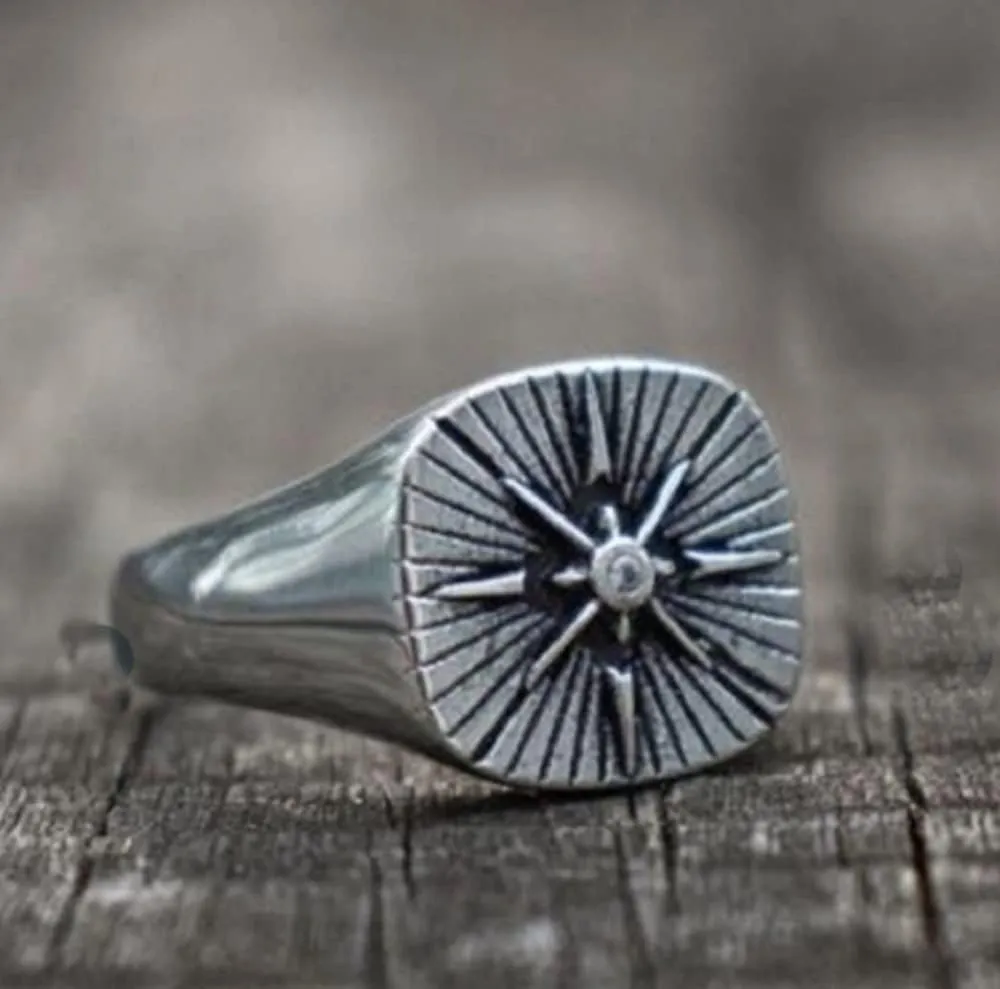 Awmnjtmgpw 925 Sterling Silver Polaris Logo Pirate Sailor Compass Fashion Ring Men's Domineering Ring Birthday Party Ring Size 7-11 (Size 10)