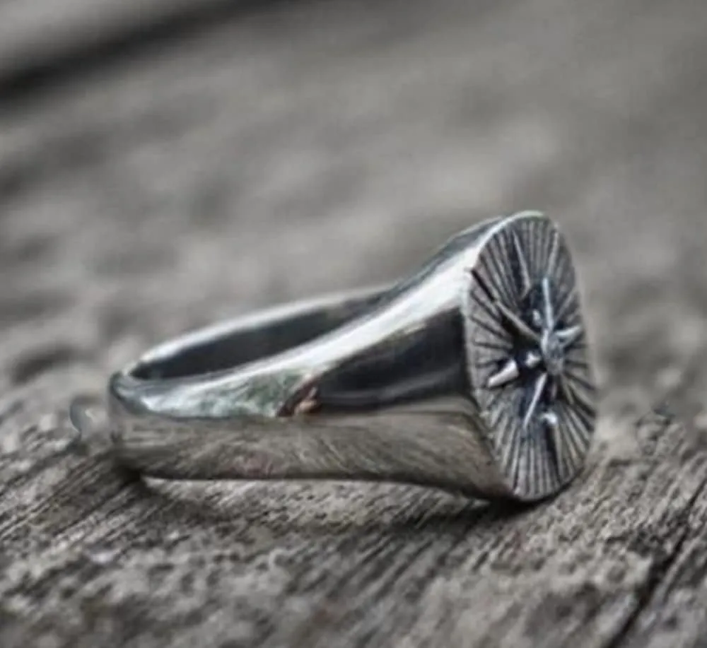 Awmnjtmgpw 925 Sterling Silver Polaris Logo Pirate Sailor Compass Fashion Ring Men's Domineering Ring Birthday Party Ring Size 7-11 (Size 10)
