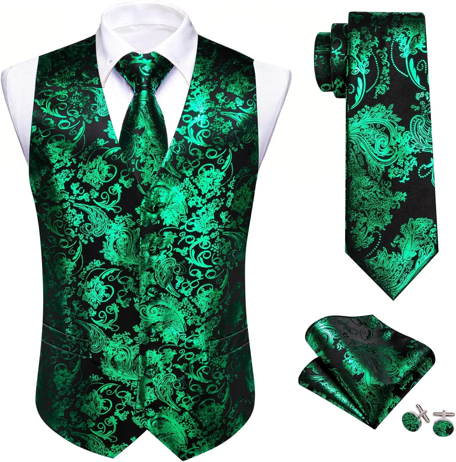Barry.Wang Mens Shiny Disco Vests Party Nightclub Paisley Metallic Gothic Vest Tie Handkerchief Cufflink Clip Brooch 6PCS