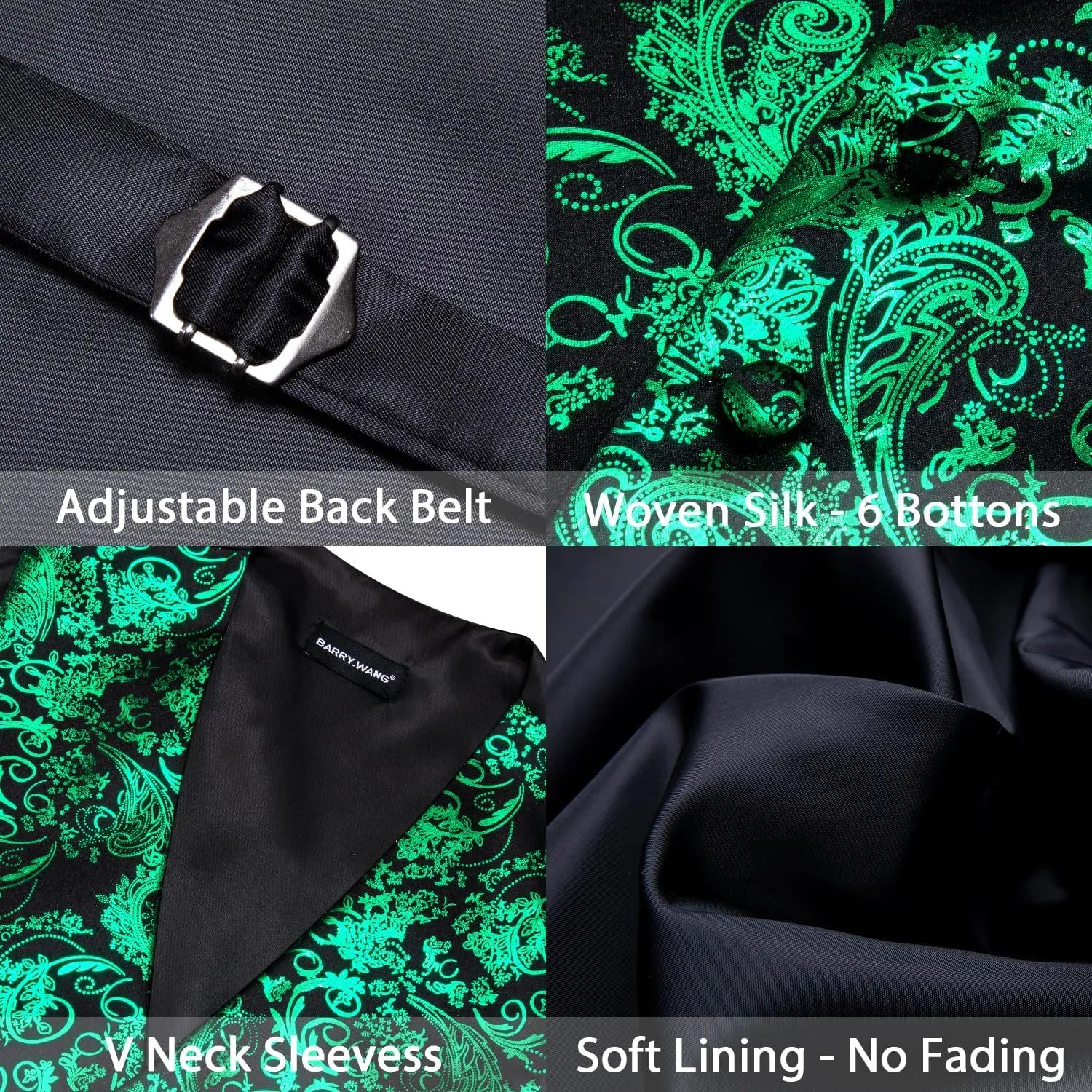 Barry.Wang Mens Shiny Disco Vests Party Nightclub Paisley Metallic Gothic Vest Tie Handkerchief Cufflink Clip Brooch 6PCS