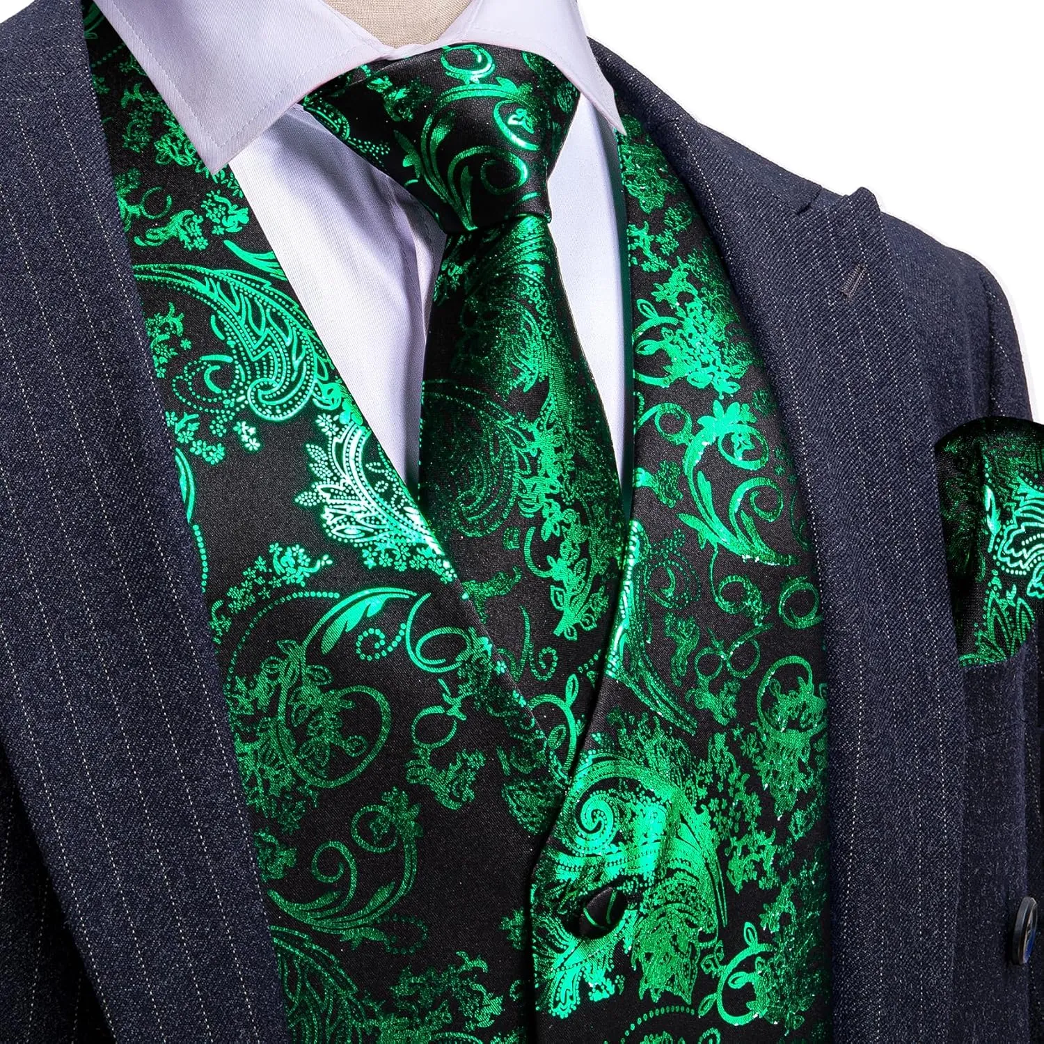 Barry.Wang Mens Shiny Disco Vests Party Nightclub Paisley Metallic Gothic Vest Tie Handkerchief Cufflink Clip Brooch 6PCS