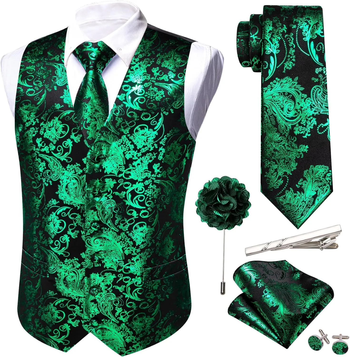 Barry.Wang Mens Shiny Disco Vests Party Nightclub Paisley Metallic Gothic Vest Tie Handkerchief Cufflink Clip Brooch 6PCS