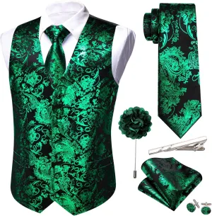 Barry.Wang Mens Shiny Disco Vests Party Nightclub Paisley Metallic Gothic Vest Tie Handkerchief Cufflink Clip Brooch 6PCS