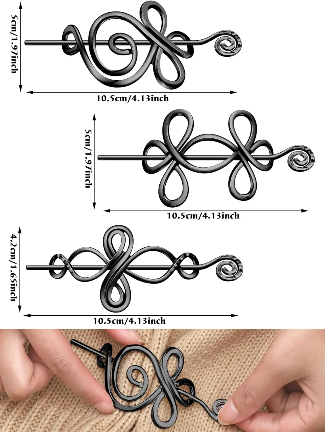 BBTO Celtic Shawl Pin 3 Pcs Crossed Knots Budding Spiral Crocheted Scarf Cloak Pin Sweater Brooch for Women Knitter Handmade Cape