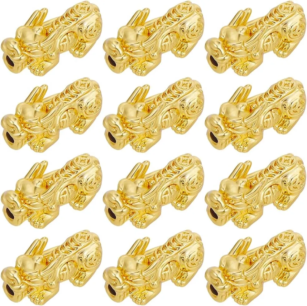 Beebeecraft 1 Box 12Pcs Pixiu Spacer Bead 18k Gold Plated Chinese Character Cai Fengshui Lucky Bead for Necklaces Bracelets Key Chains, Hole: 2.5mm