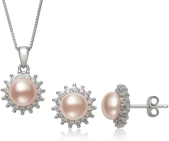 Belacqua Sterling Silver Pink Cultured Freshwater Pearl & Lab Created White Sapphire Pendant With Stud Earrings Jewelry Set for Women