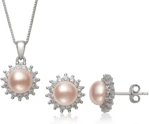 Belacqua Sterling Silver Pink Cultured Freshwater Pearl & Lab Created White Sapphire Pendant With Stud Earrings Jewelry Set for Women