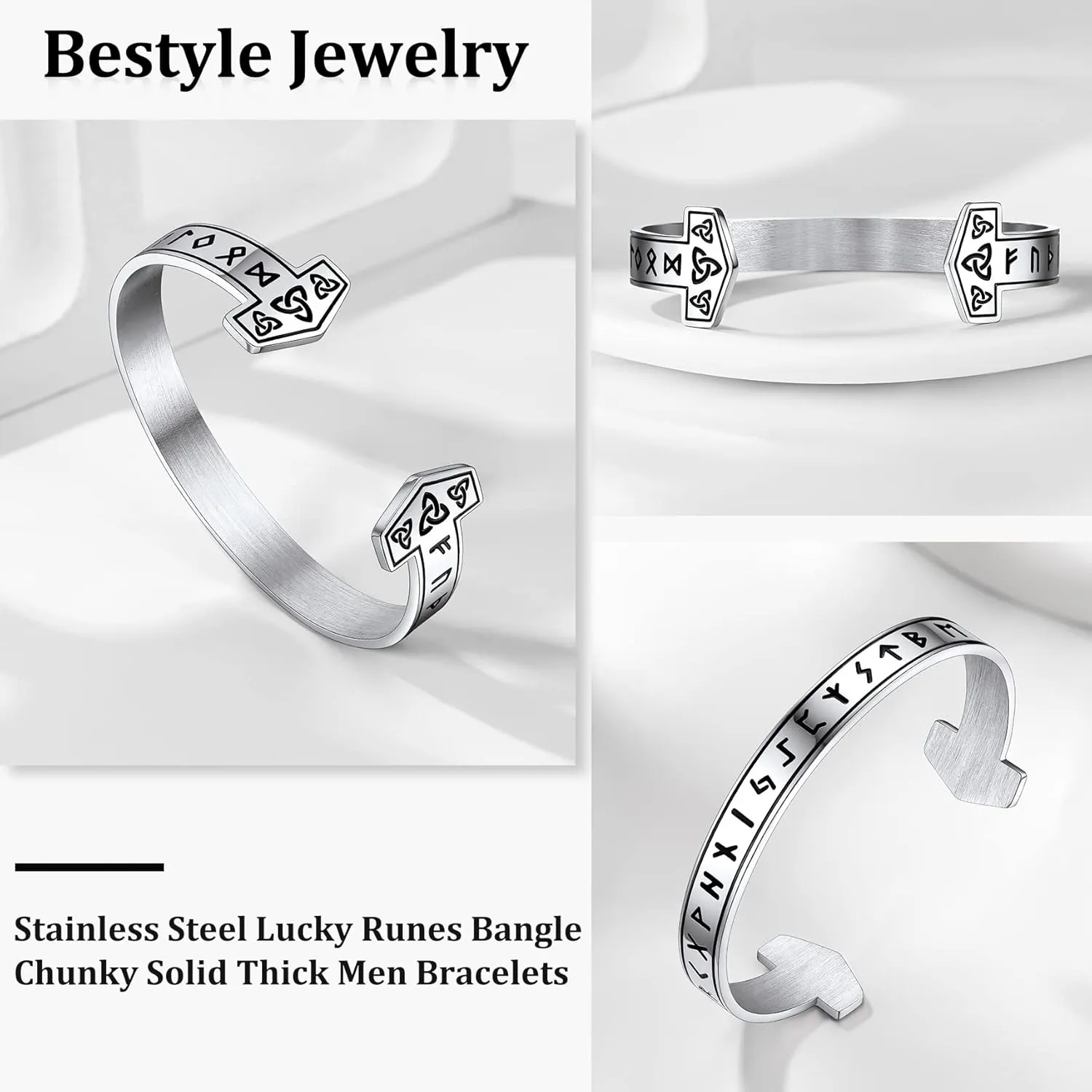 Bestyle Heavy Stainless Steel Viking Cuff Bracelet for Men Boy, Open Adjustable Bangle Raven/Wolf/Rune Bracelet Vintage Retro Cool Viking Jewelry, Gift Package