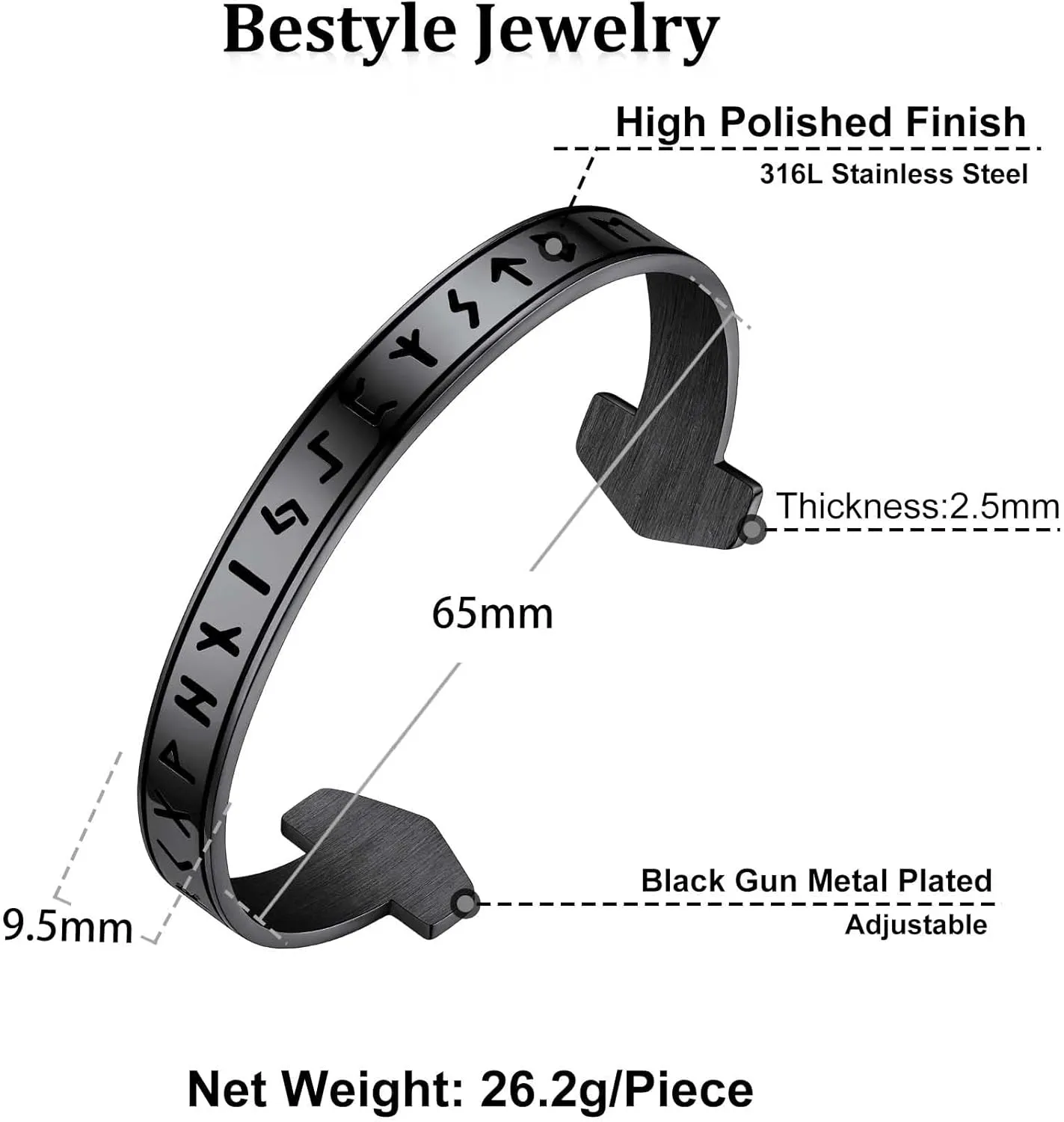 Bestyle Heavy Stainless Steel Viking Cuff Bracelet for Men Boy, Open Adjustable Bangle Raven/Wolf/Rune Bracelet Vintage Retro Cool Viking Jewelry, Gift Package
