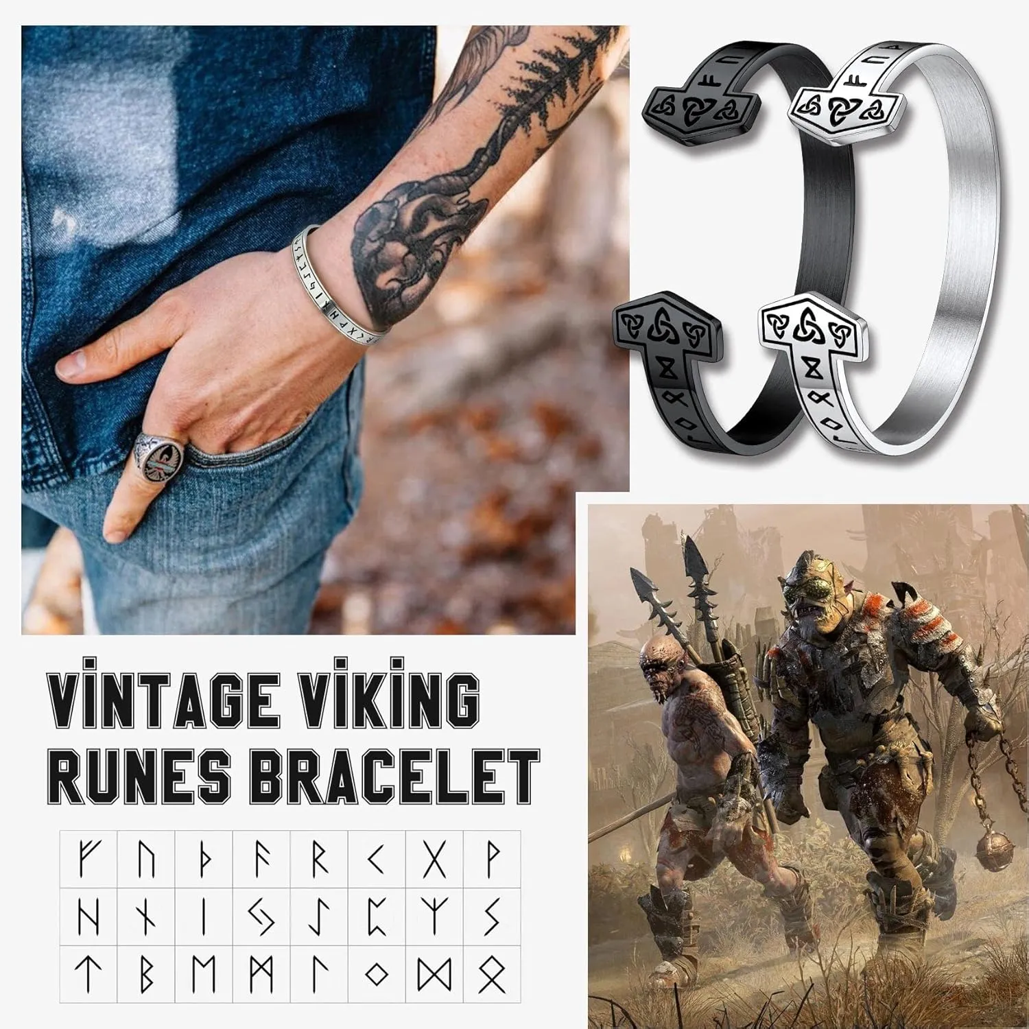 Bestyle Heavy Stainless Steel Viking Cuff Bracelet for Men Boy, Open Adjustable Bangle Raven/Wolf/Rune Bracelet Vintage Retro Cool Viking Jewelry, Gift Package