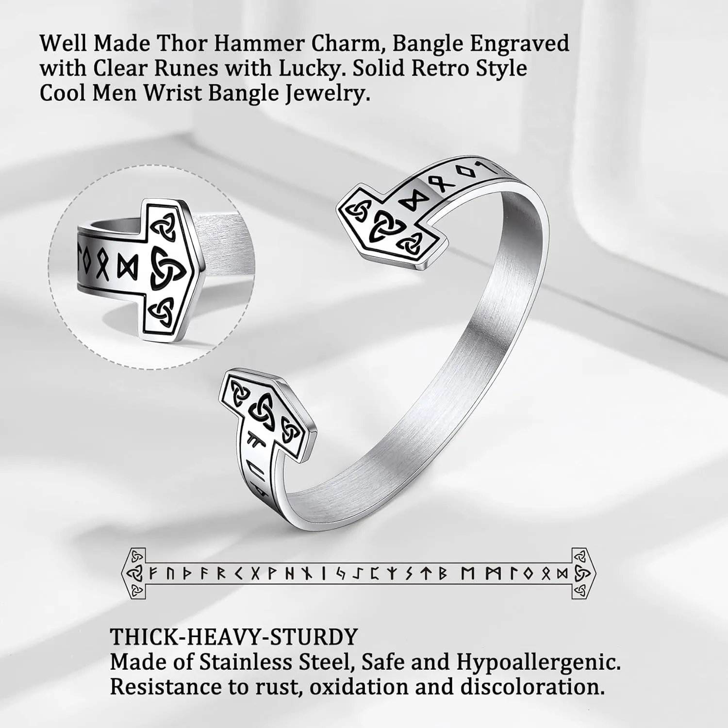 Bestyle Heavy Stainless Steel Viking Cuff Bracelet for Men Boy, Open Adjustable Bangle Raven/Wolf/Rune Bracelet Vintage Retro Cool Viking Jewelry, Gift Package