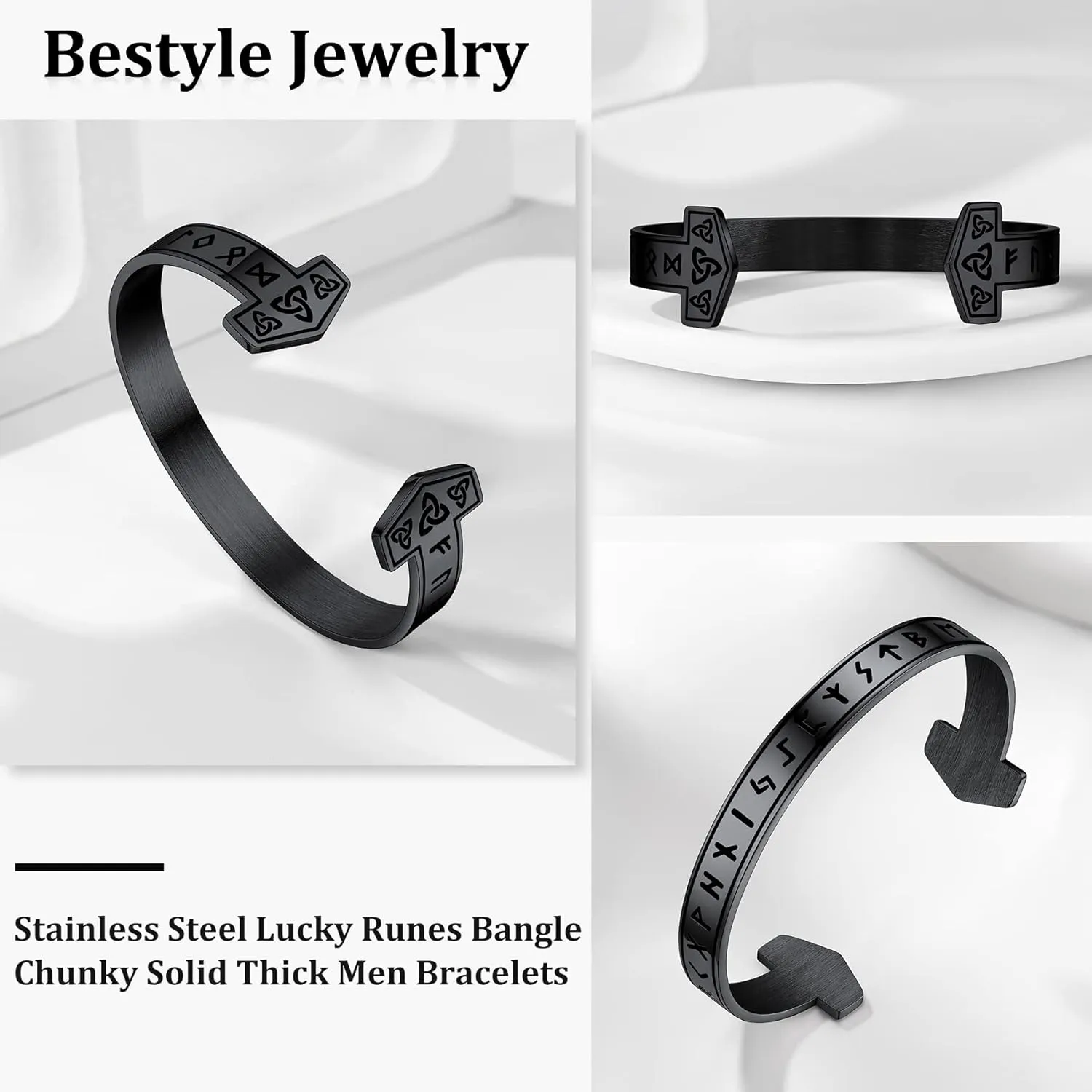 Bestyle Heavy Stainless Steel Viking Cuff Bracelet for Men Boy, Open Adjustable Bangle Raven/Wolf/Rune Bracelet Vintage Retro Cool Viking Jewelry, Gift Package