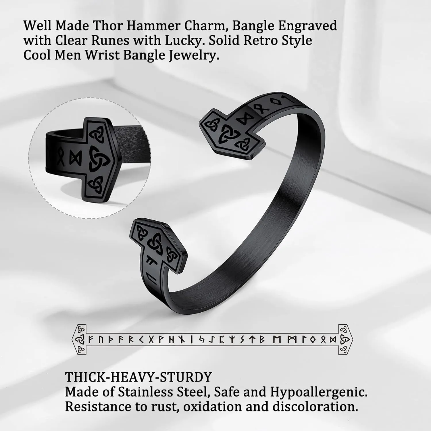 Bestyle Heavy Stainless Steel Viking Cuff Bracelet for Men Boy, Open Adjustable Bangle Raven/Wolf/Rune Bracelet Vintage Retro Cool Viking Jewelry, Gift Package