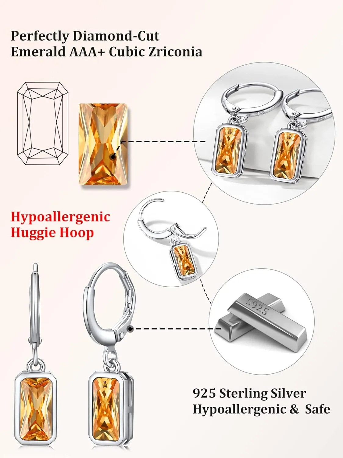 Bestyle Sterling Silver Small Dainty Birthstone Drop Earrings for Women with Rectangular Baguette Crystal & Huggie Hoop Silver Dangle Earring for Wedding Birthday Everyday Wear
