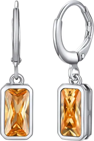 Bestyle Sterling Silver Small Dainty Birthstone Drop Earrings for Women with Rectangular Baguette Crystal & Huggie Hoop Silver Dangle Earring for Wedding Birthday Everyday Wear