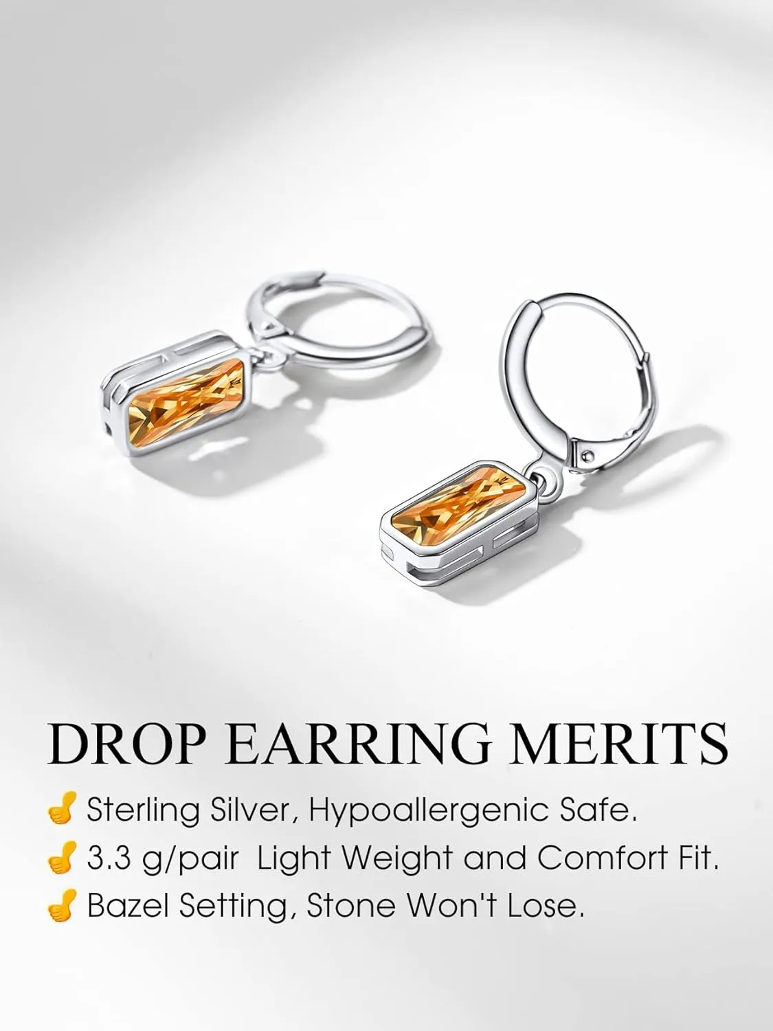 Bestyle Sterling Silver Small Dainty Birthstone Drop Earrings for Women with Rectangular Baguette Crystal & Huggie Hoop Silver Dangle Earring for Wedding Birthday Everyday Wear