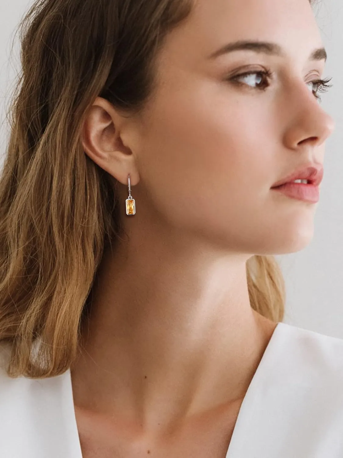 Bestyle Sterling Silver Small Dainty Birthstone Drop Earrings for Women with Rectangular Baguette Crystal & Huggie Hoop Silver Dangle Earring for Wedding Birthday Everyday Wear